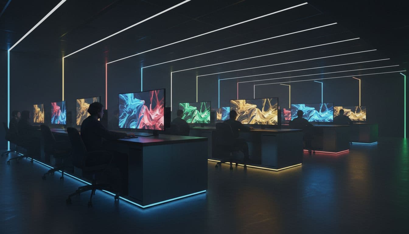 An AI Playground at a live event: rows of stations where players compete