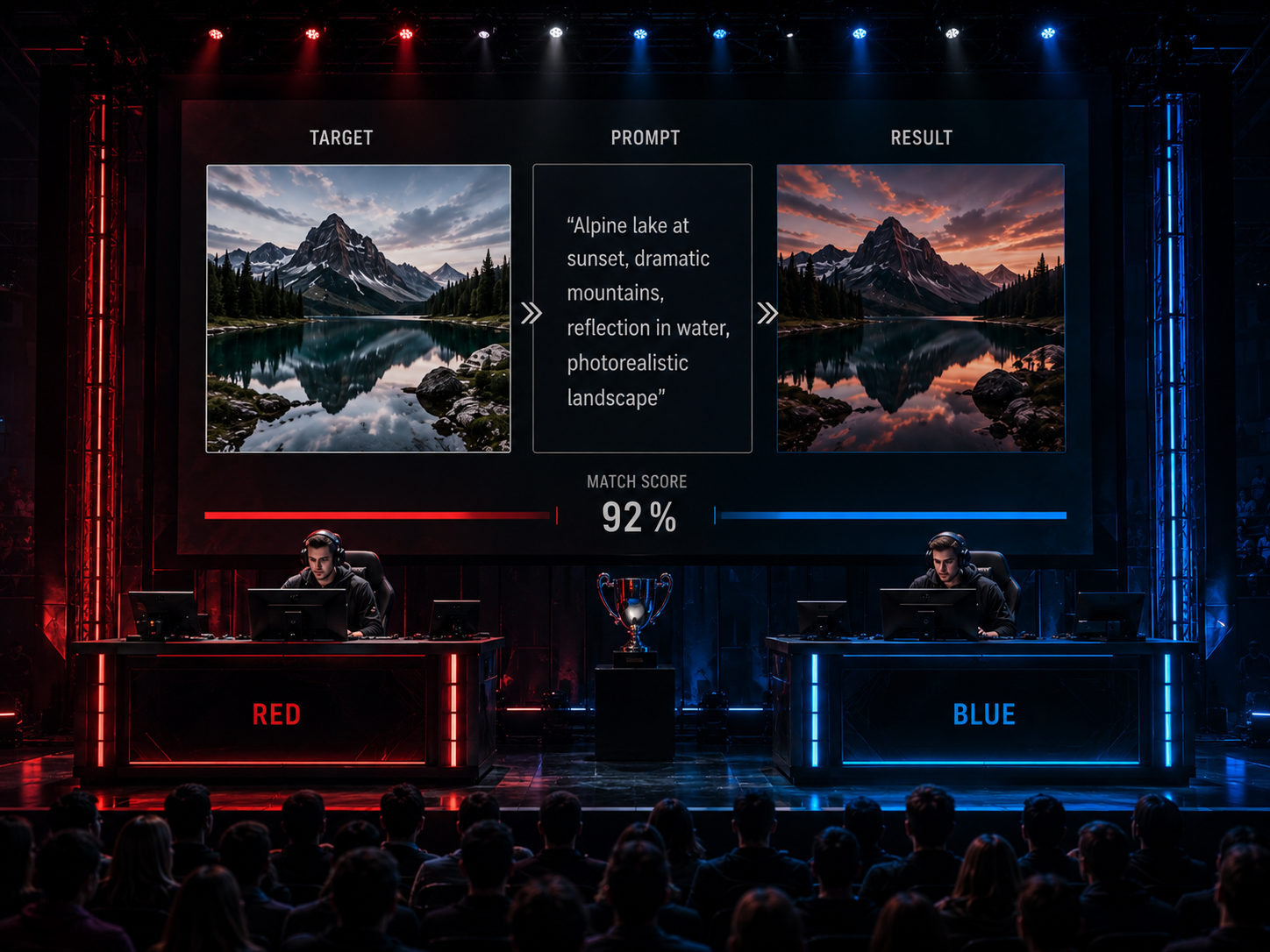AI Championship final stage with target and score screens