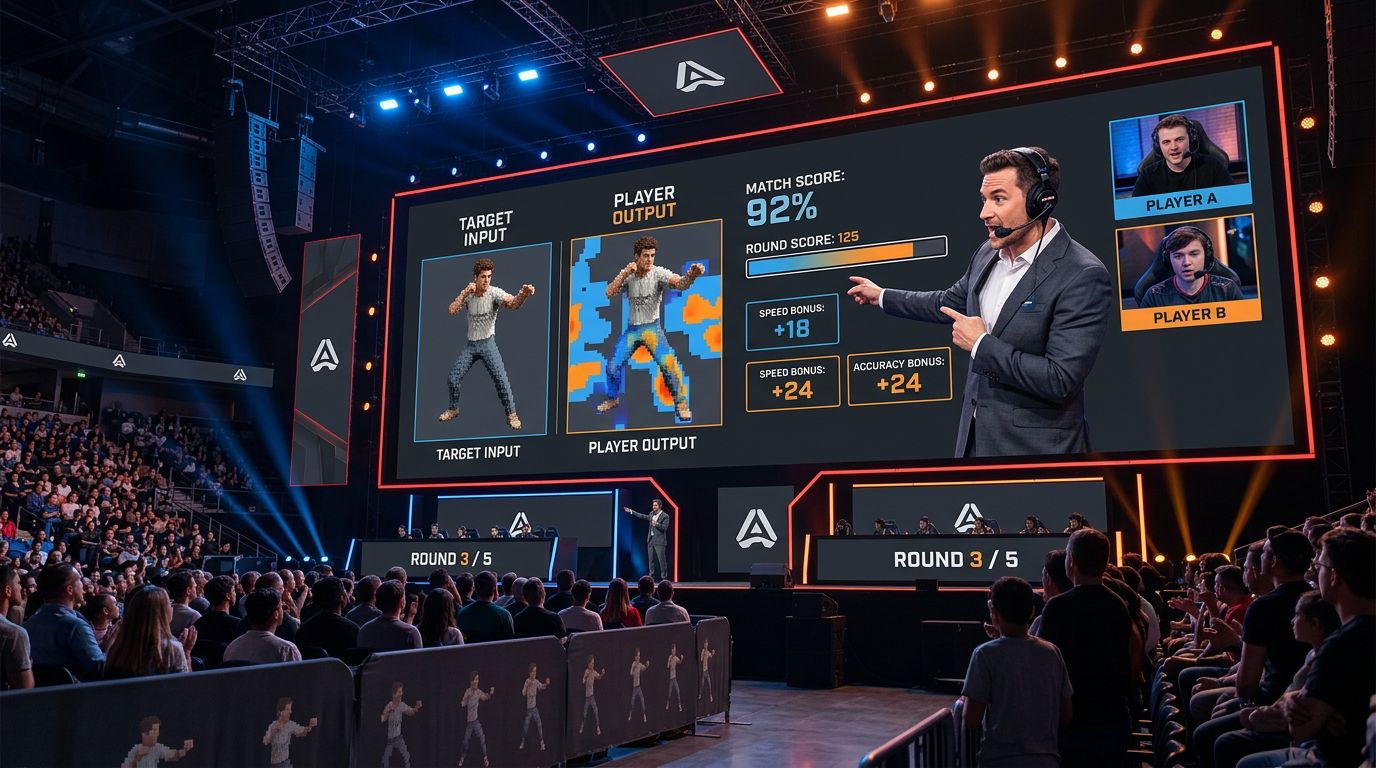 Host explaining a match result on stage